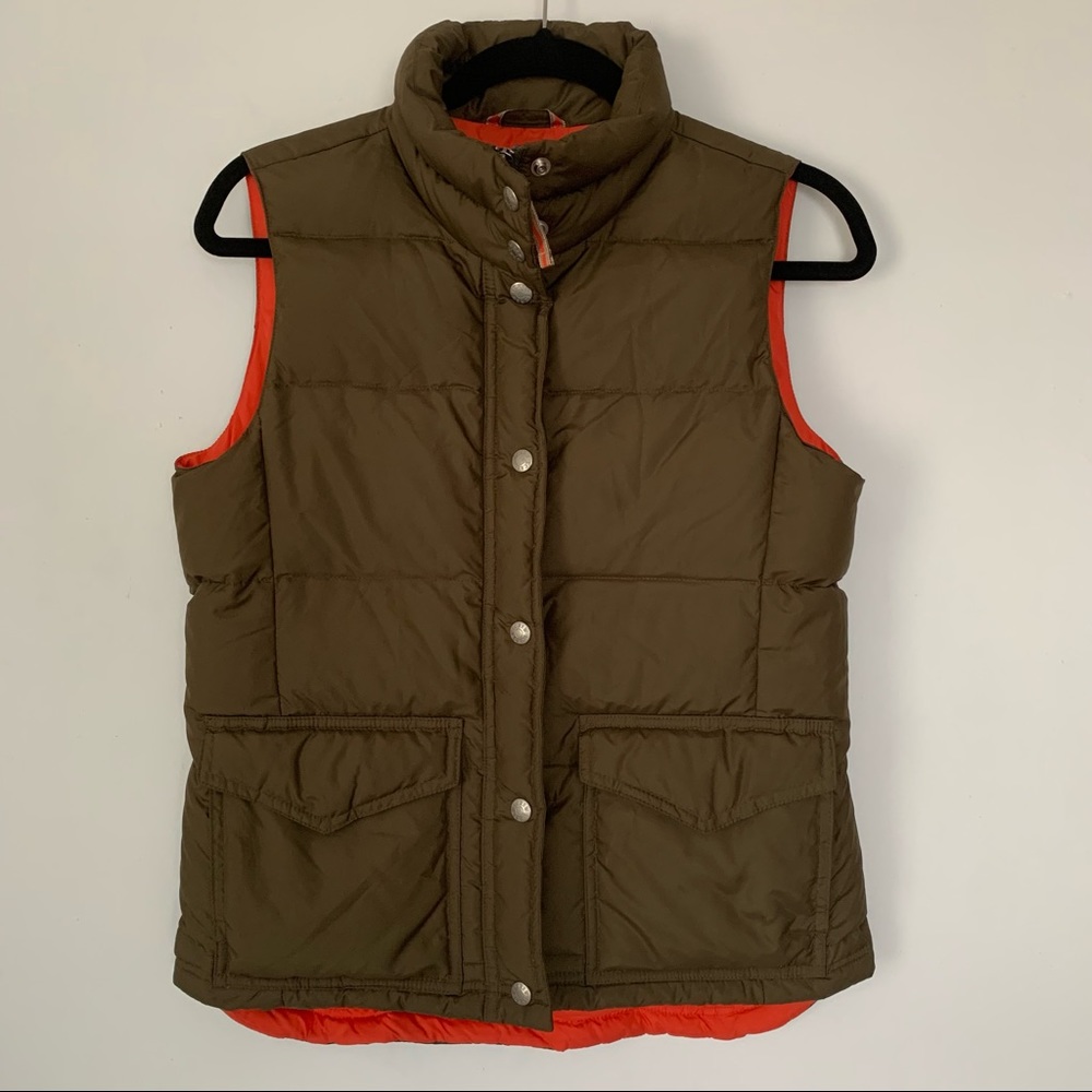 J. CREW Quilted Olive Green with Orange Lining Puffer Down Vest